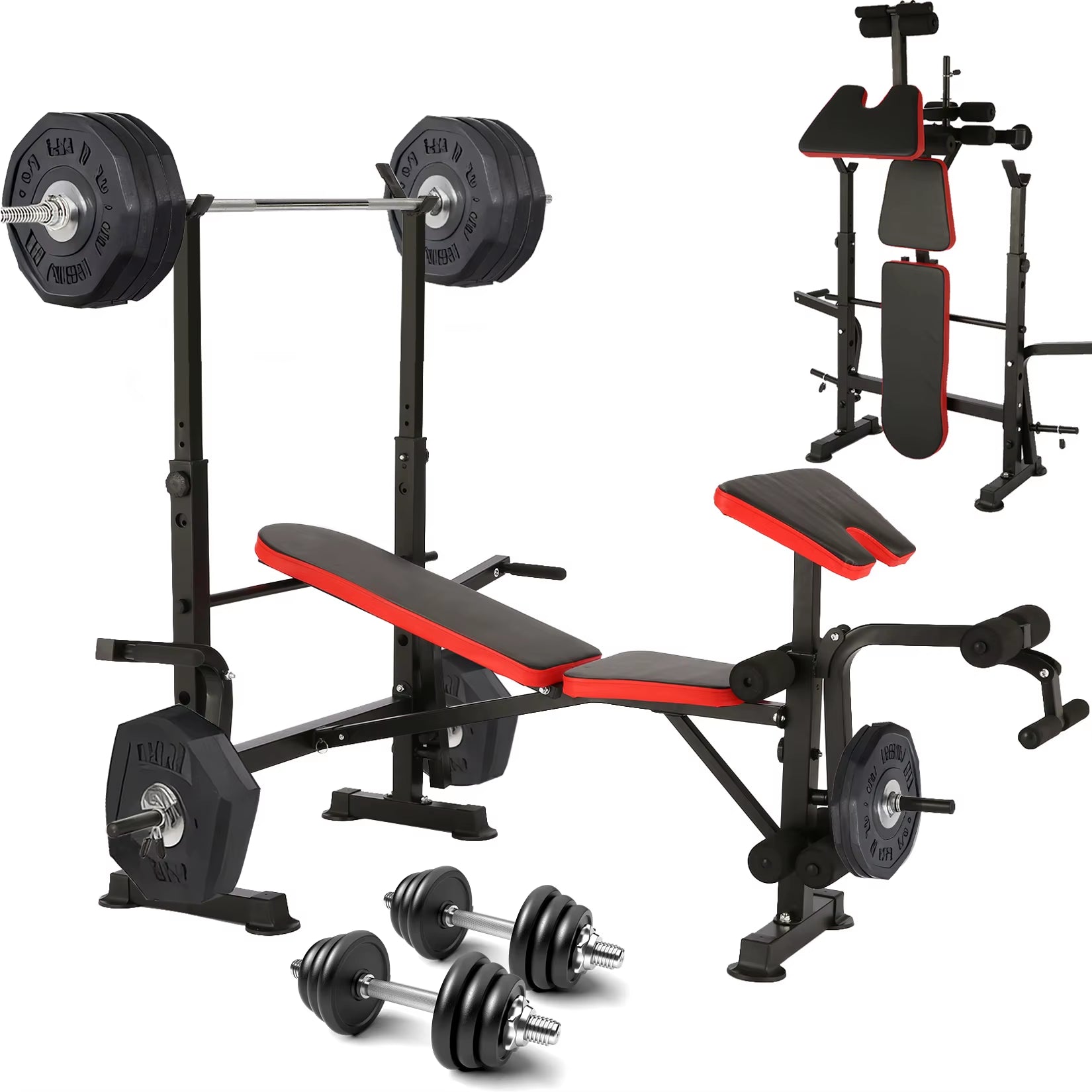 6 in 1 660Lbs Weight Bench Set with Squat Rack, Bench Press Set with Barbell Rack, Adjustable Incline Strength Training Workout