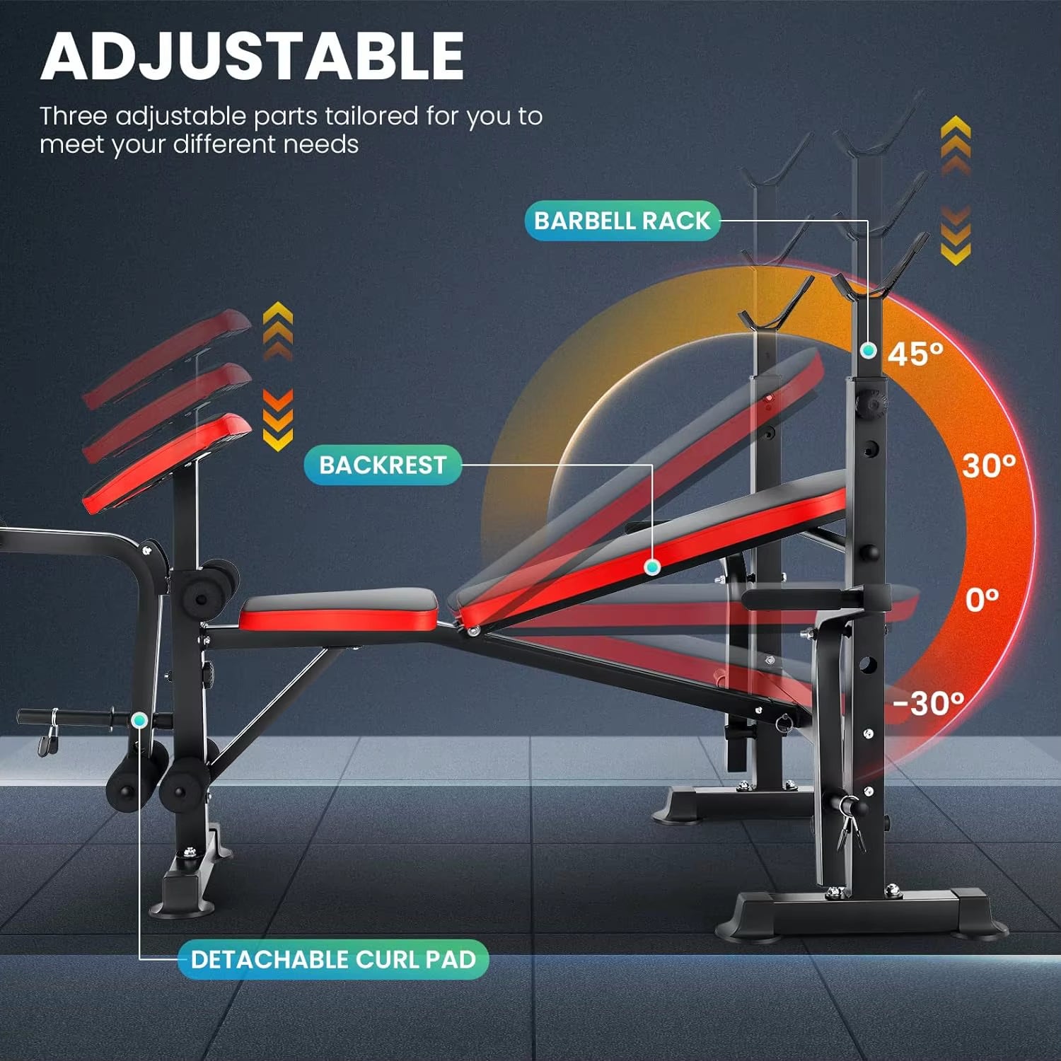 6 in 1 660Lbs Weight Bench Set with Squat Rack, Bench Press Set with Barbell Rack, Adjustable Incline Strength Training Workout