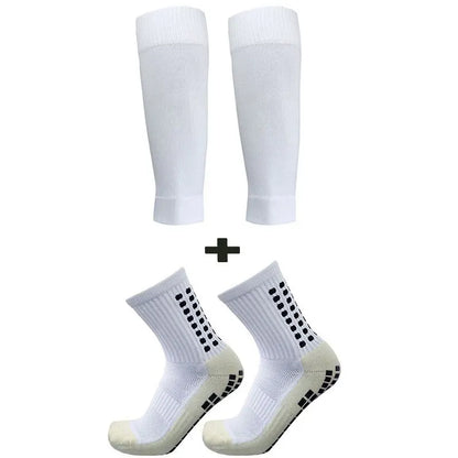 2 Pairs Set Men Grip Soccer Socks and Knee Pads Calf Sleeves Adult Youth Non Slip Leg Shin Guards for Basketball Football Sports