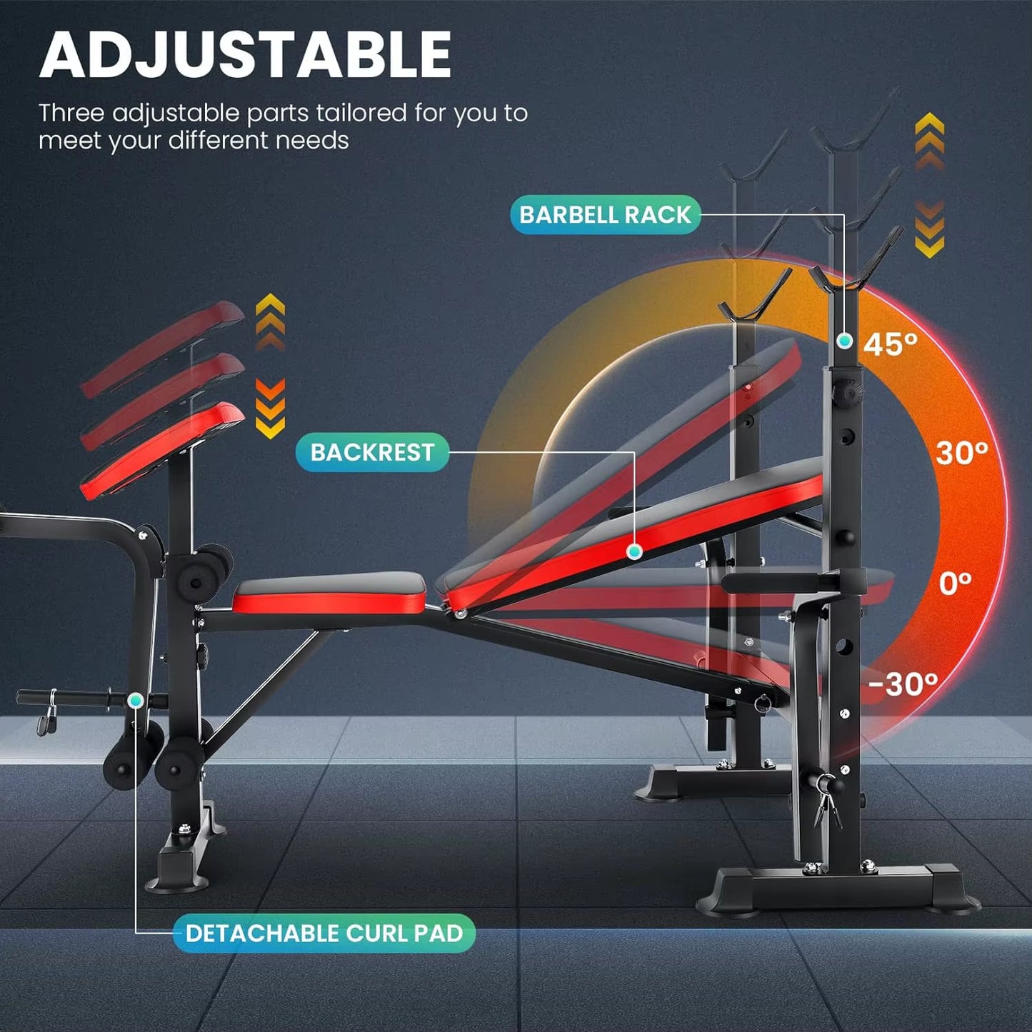 6 in 1 660Lbs Weight Bench Set with Squat Rack, Bench Press Set with Barbell Rack, Adjustable Incline Strength Training Workout